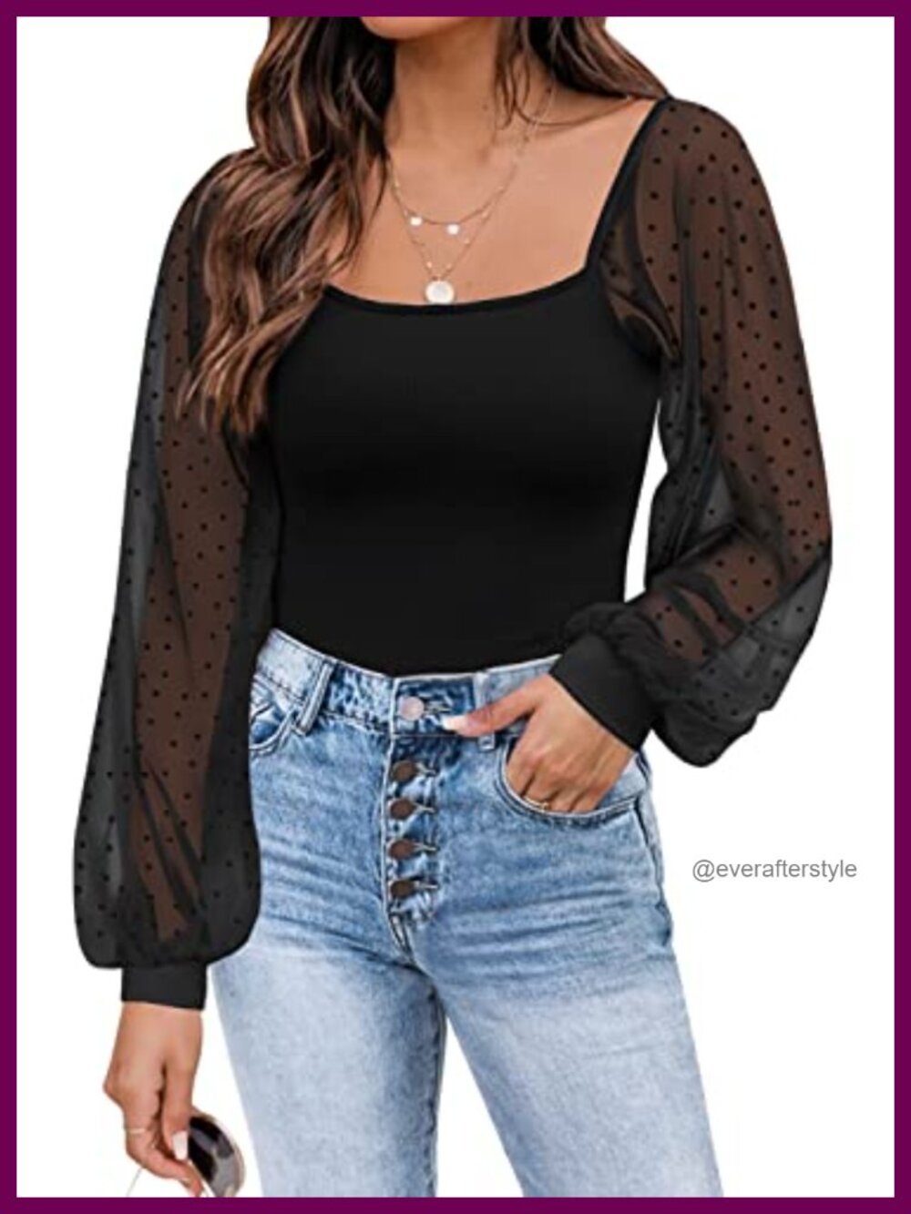 Mesh Long Sleeve Blouse Square Neck Swiss Dot Puff Sleeve Top